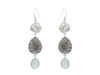 Pearl, Lg Tear shaped Labradorite Earrings with Blue Calcedony and sterling silver back.